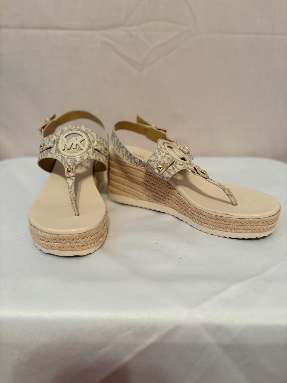 Michael Kors Neutral Beige Logo Espadrille Wedge Sandals